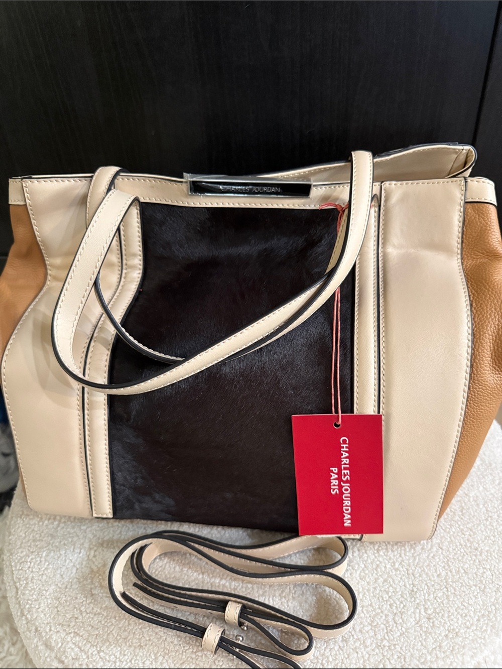 Charles Jourdan Bailey II Multicolor Leather & Haircalf Tote - Cream, Brown, Tan